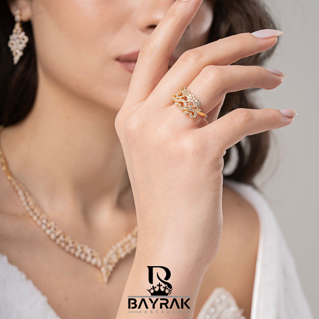 ILARIA - 640 - / Zirkon Taşlı Gold Kaplama Gelin Seti